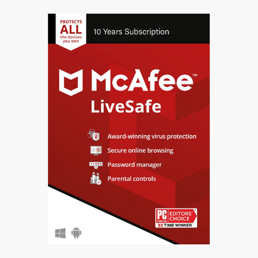 McAfee LiveSafe 10-Year License for Up to 5 Devices | Comprehensive Security Suite